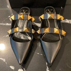 Valentino Black and Gold Roman Stud Slides